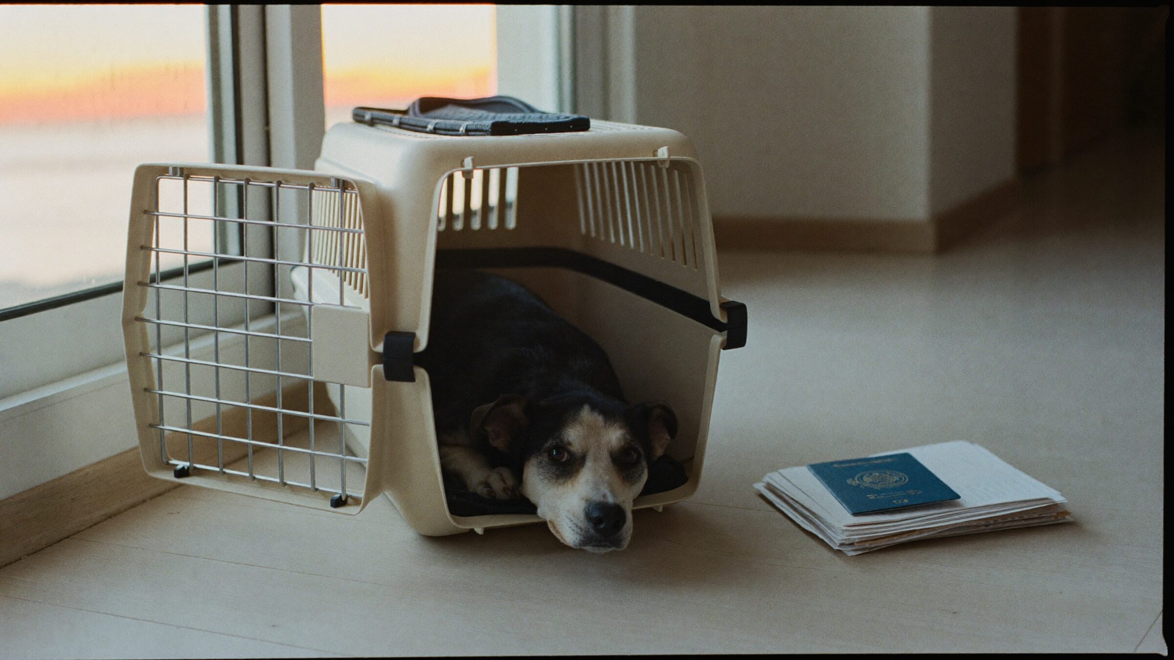 An open soft-sided pet carrier on a pale wooden floor, a calm rescue dog resting its chin on the threshold beside a stack of documents and a passport