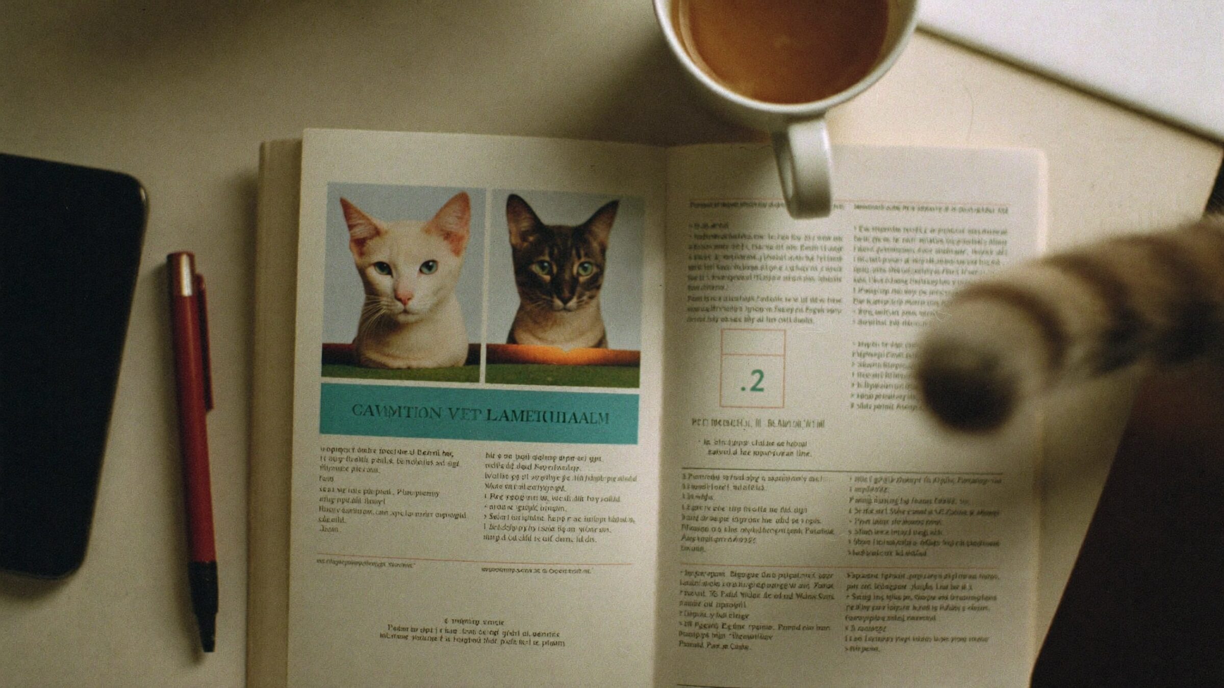 Overhead of a kitchen table with a vaccination booklet, a phone face down, a pen and a coffee