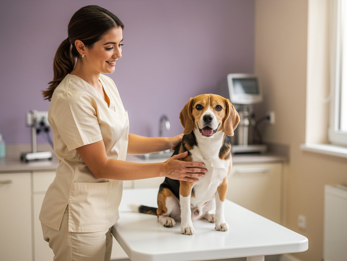 Friendly veterinarian smiling with a happy beagle on the exam table