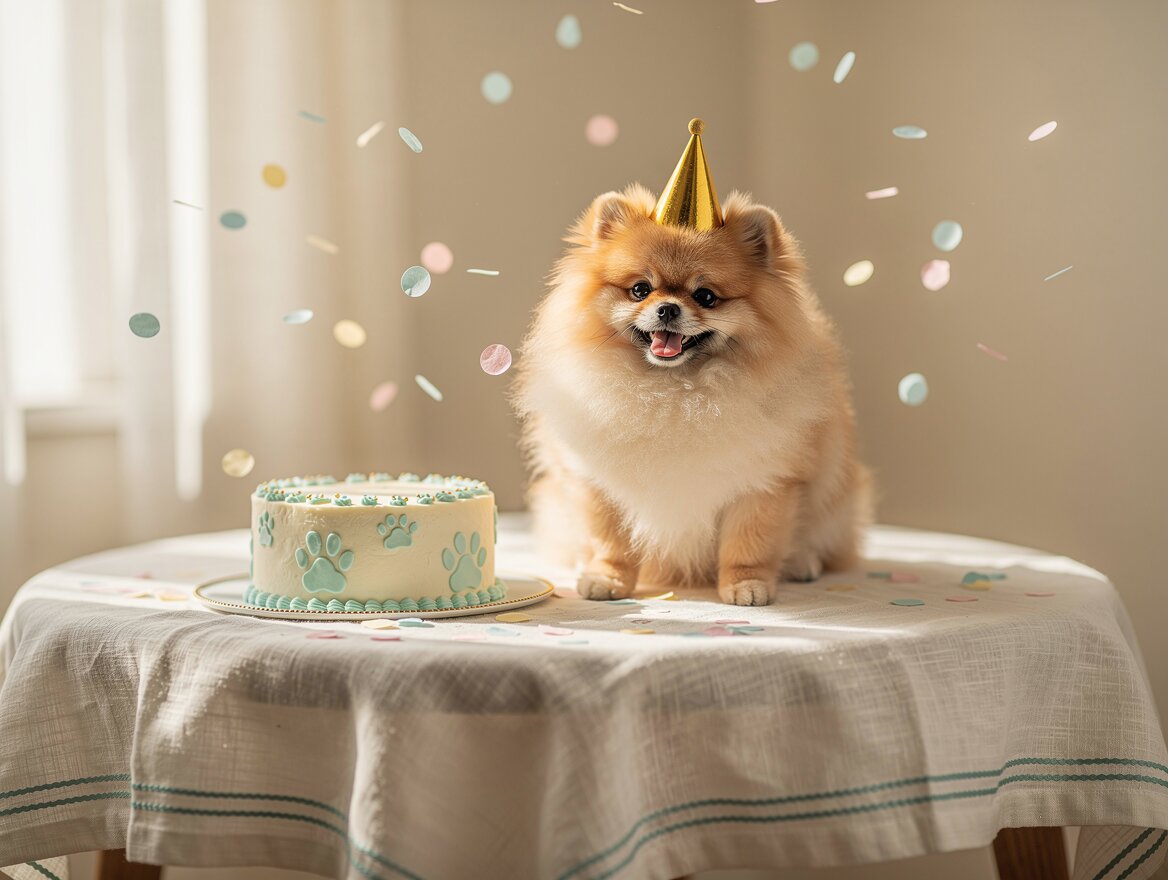 Pomeranian dog wearing a party hat next to a small celebration cake with confetti