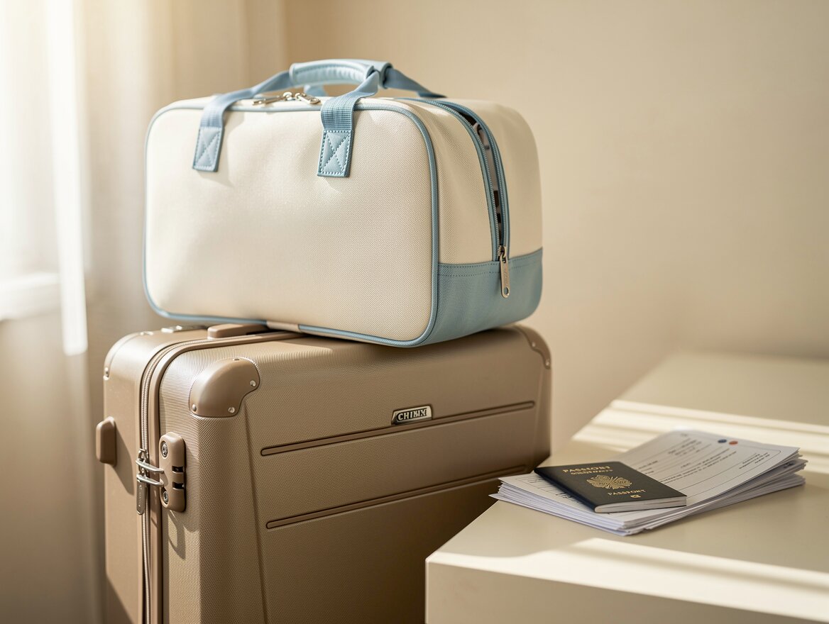 Premium pet travel carrier on a suitcase with travel documents