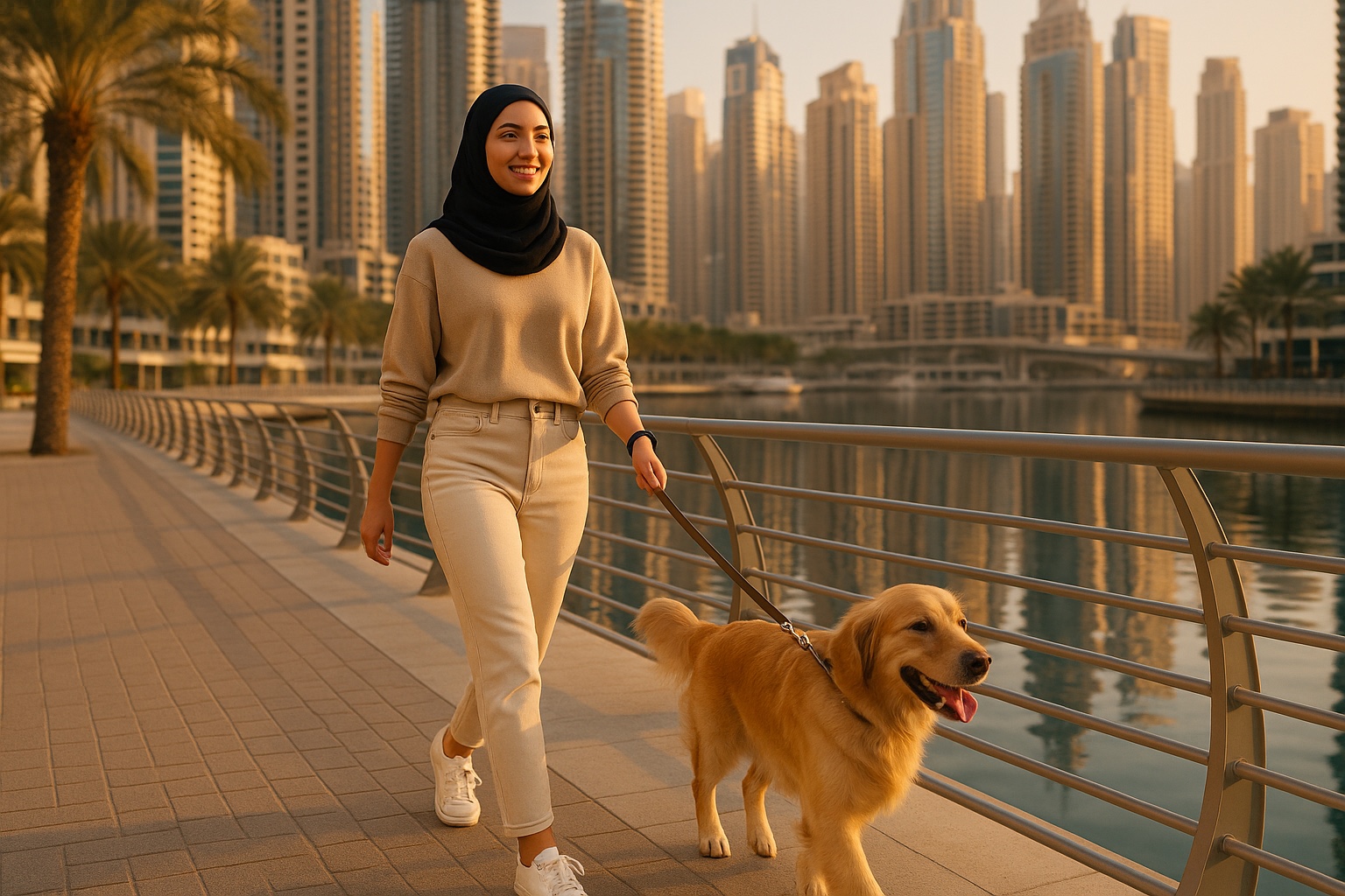 A young woman walking two happy golden retrievers along the Dubai Marina at golden hour